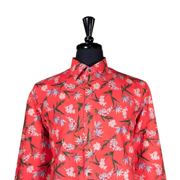 Mens Shirt Button Up Red Orange Floral Summer Tropical Hawaiian Beach Large - Picture 3 of 7